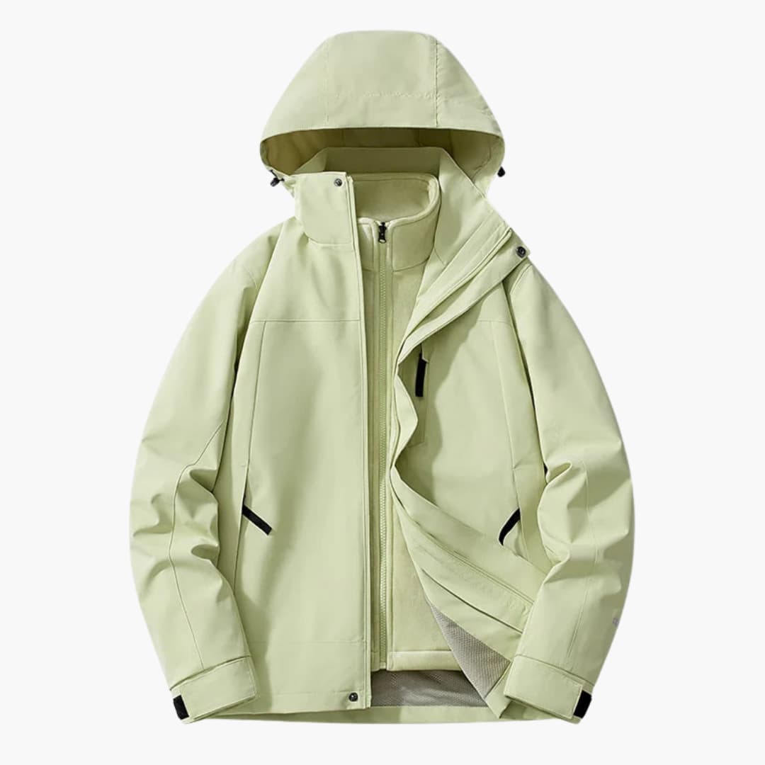 Unisex two-tone ski jacket with hood, full-zip closure, and zipper pockets for all-weather performance