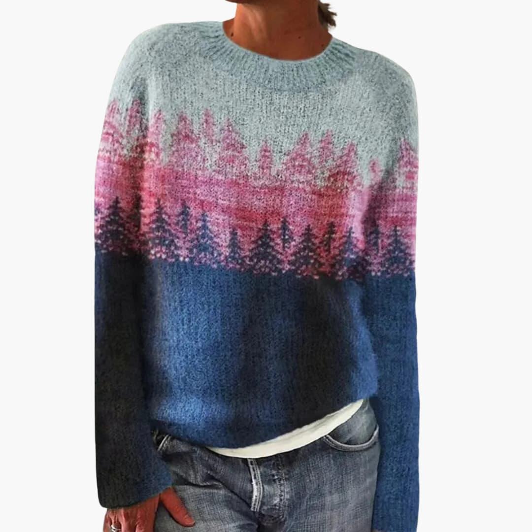 Women's multicolor geometric knit sweater with round neck, long sleeves, and ribbed cuffs