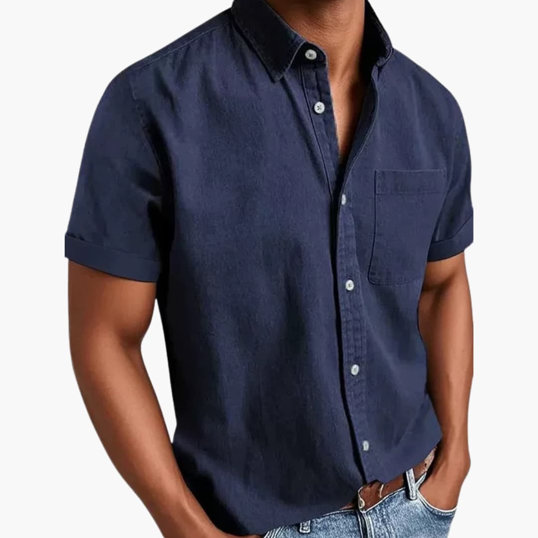 Men's slim-fit light blue short sleeve shirt with chest pocket, breathable fabric for office or casual wear