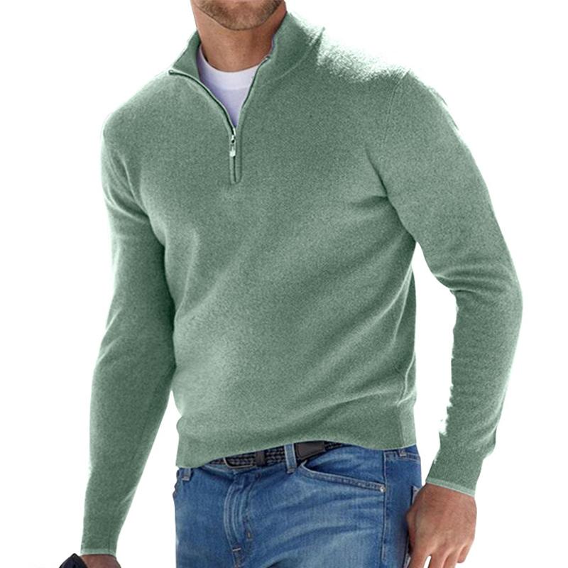 Men's relaxed fit half-zip knit sweater in neutral tone, soft acrylic wool blend for cozy layering