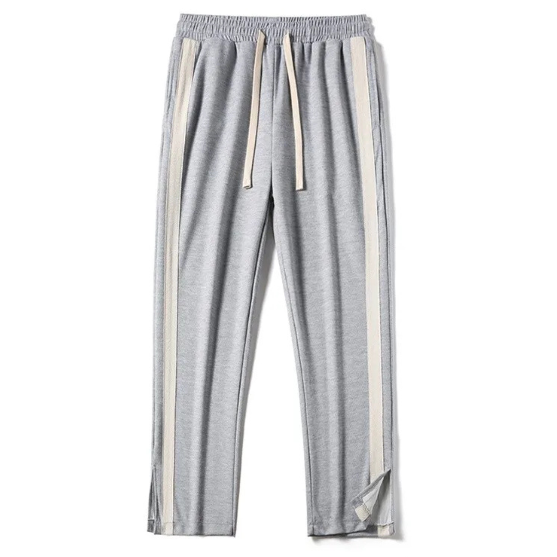 Men's gray straight-leg sweatpants with contrast side stripes, drawstring waist, and reinforced hem
