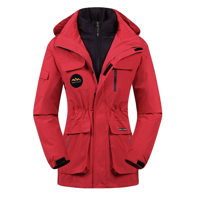 Women's navy utility ski jacket with structured silhouette and layering-friendly design for active winter wear
