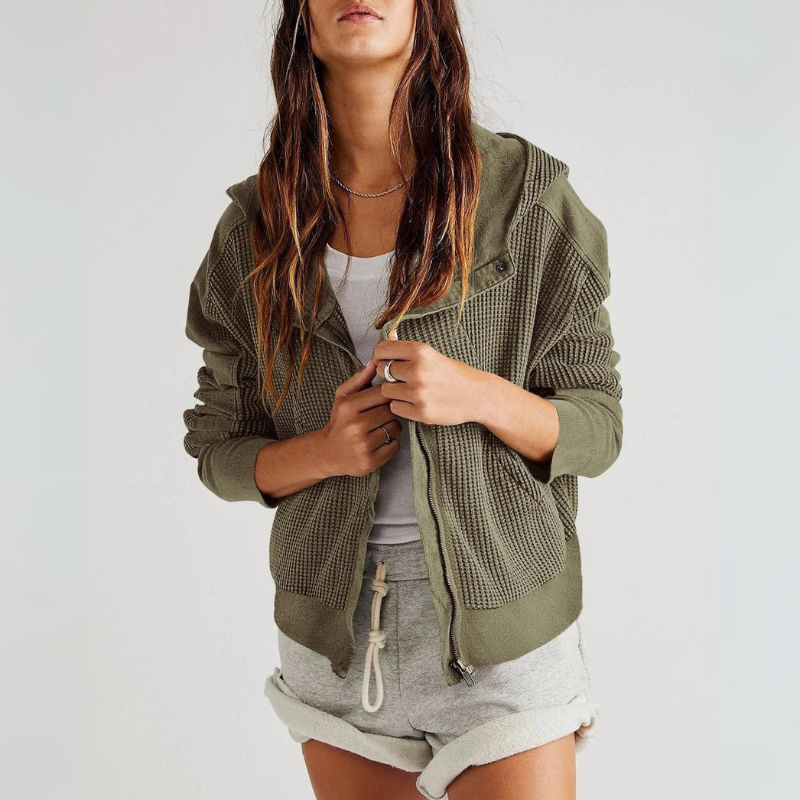 Women's cropped textured knit hoodie with hybrid button-zip closure for lightweight casual warmth