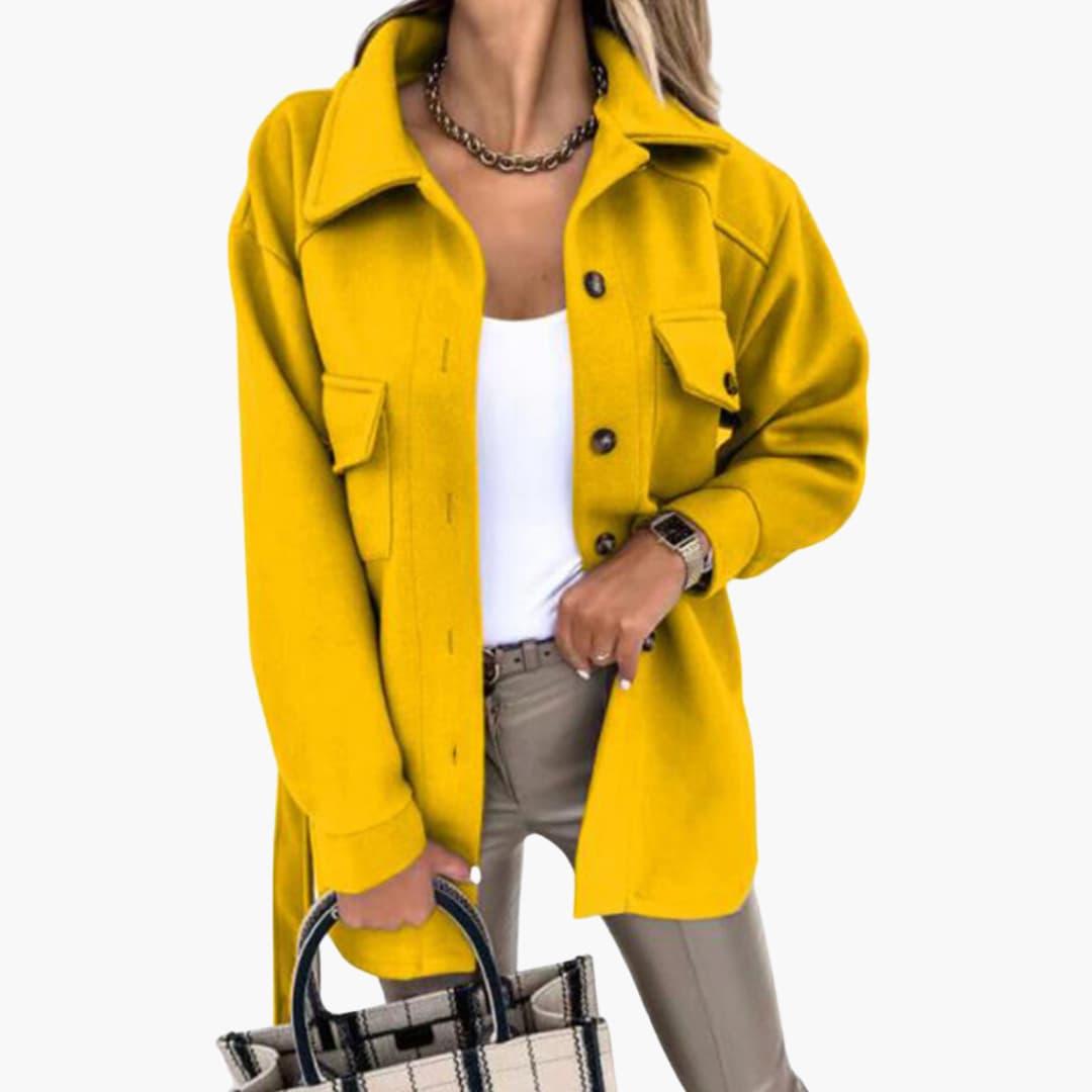Women's long tailored coat beige button-front jacket with chest pockets structured collar silhouette