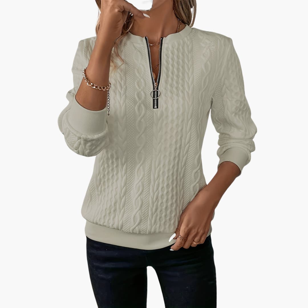 Women's cable knit pullover sweater with front zip neckline, long sleeves, and ribbed cuffs cozy classic fit