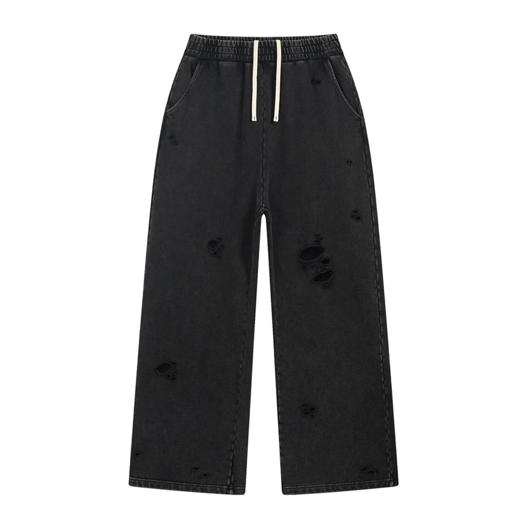 Men's gray distressed cotton sweatpants relaxed wide-leg fit elastic drawstring waist casual style