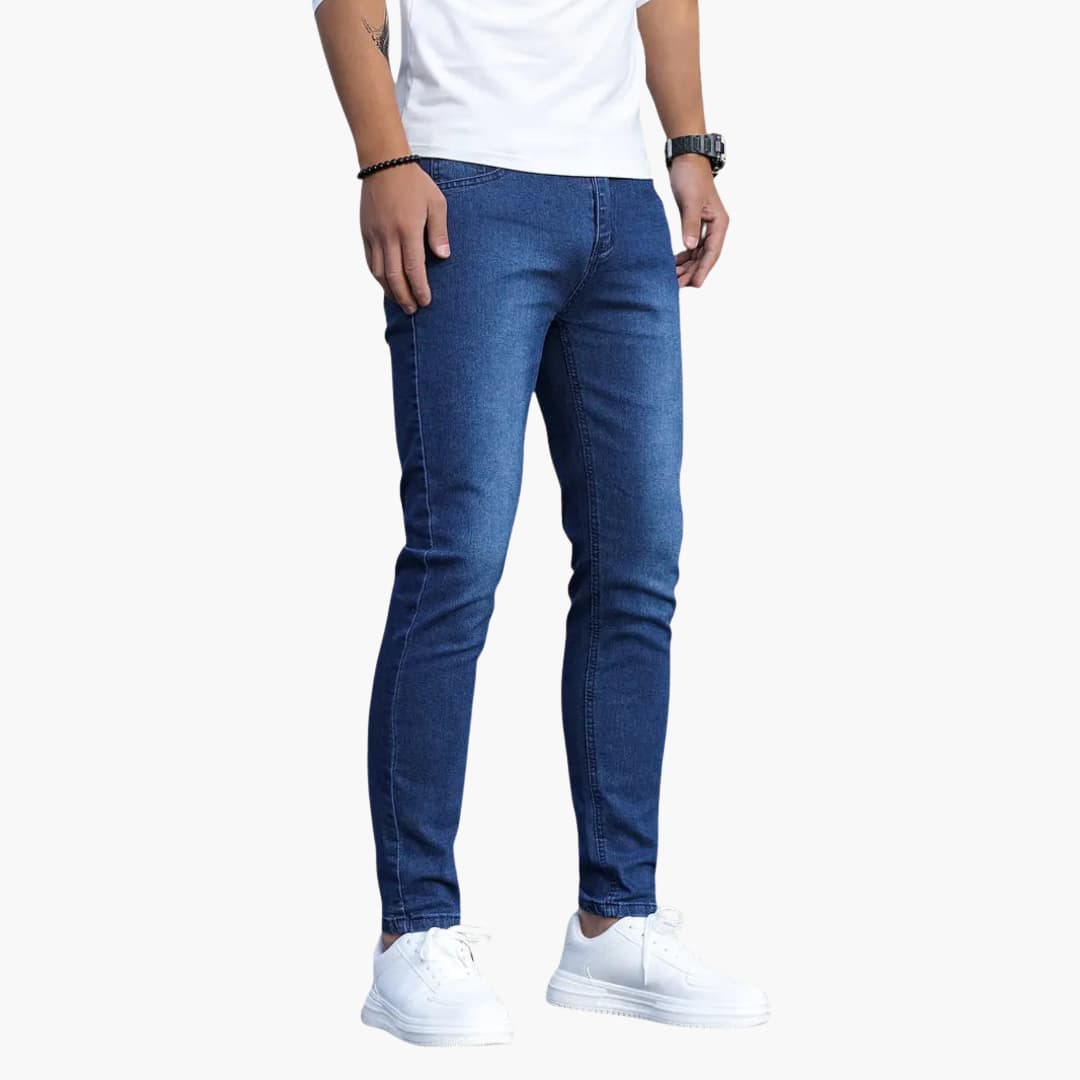 Men's skinny slim fit tapered leg denim jeans mid-rise with hidden zipper closure