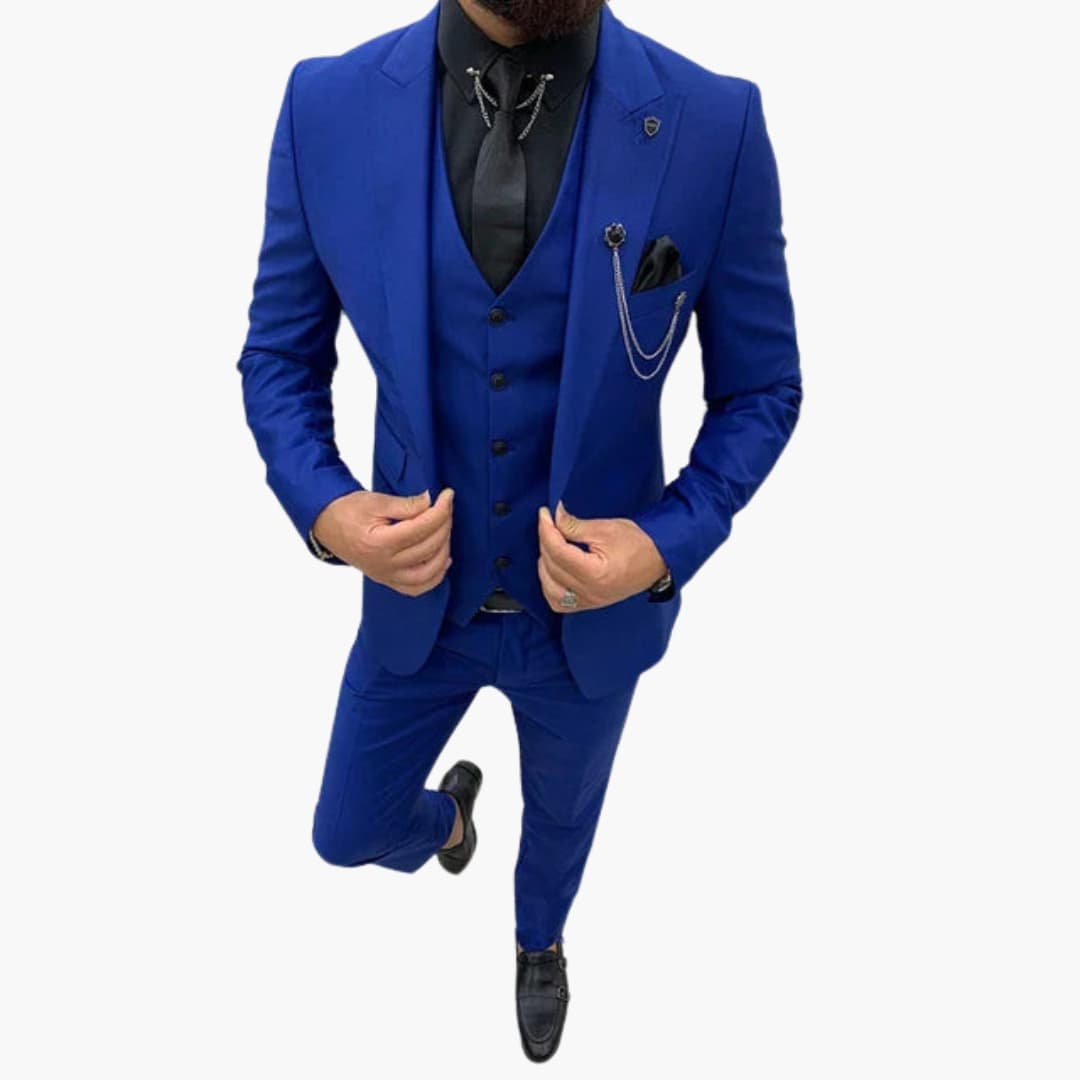 Slim fit 3-piece men's suit in elegant dark tone, tailored silhouette for weddings and formal events