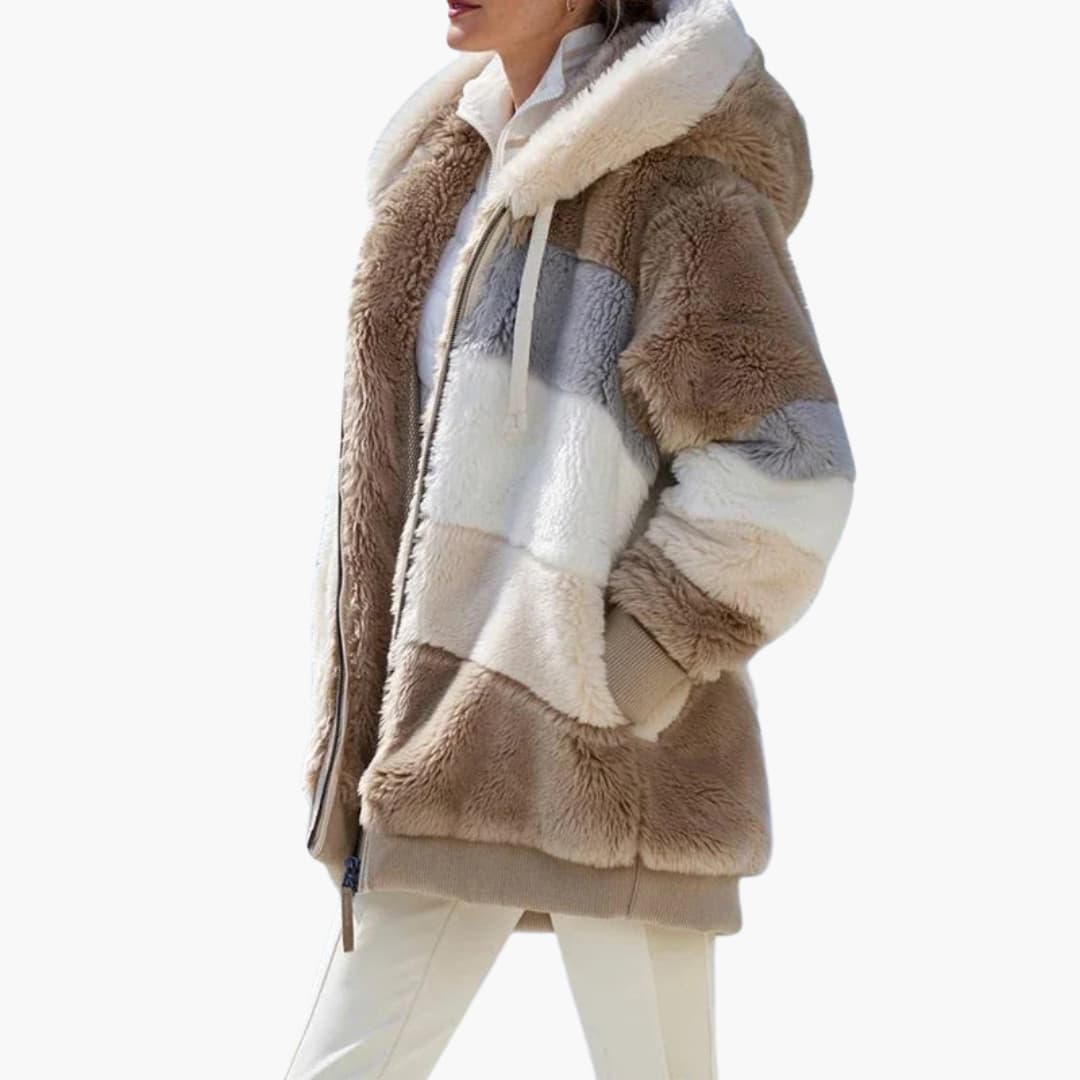 Women's casual zip-up hoodie jacket with striped texture, fixed drawstring hood, everyday comfort fit