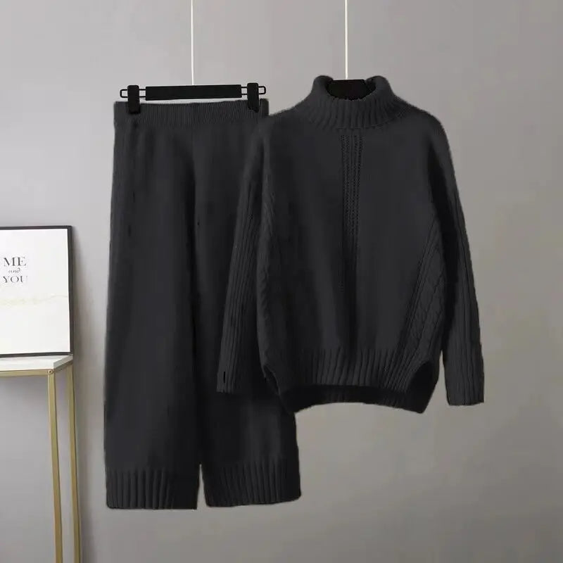 Women's vibrant cable knit co-ord set turtleneck sweater relaxed pants everyday elegance
