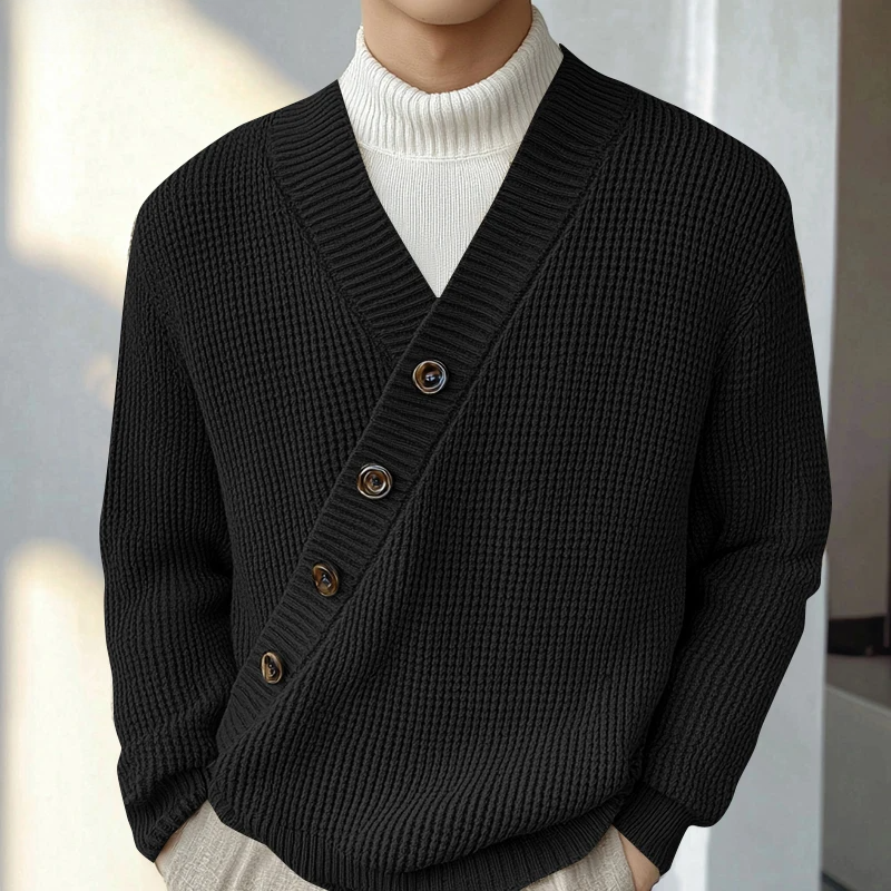 Textured knit cardigan diagonal button closure premium layered style versatile everyday wear