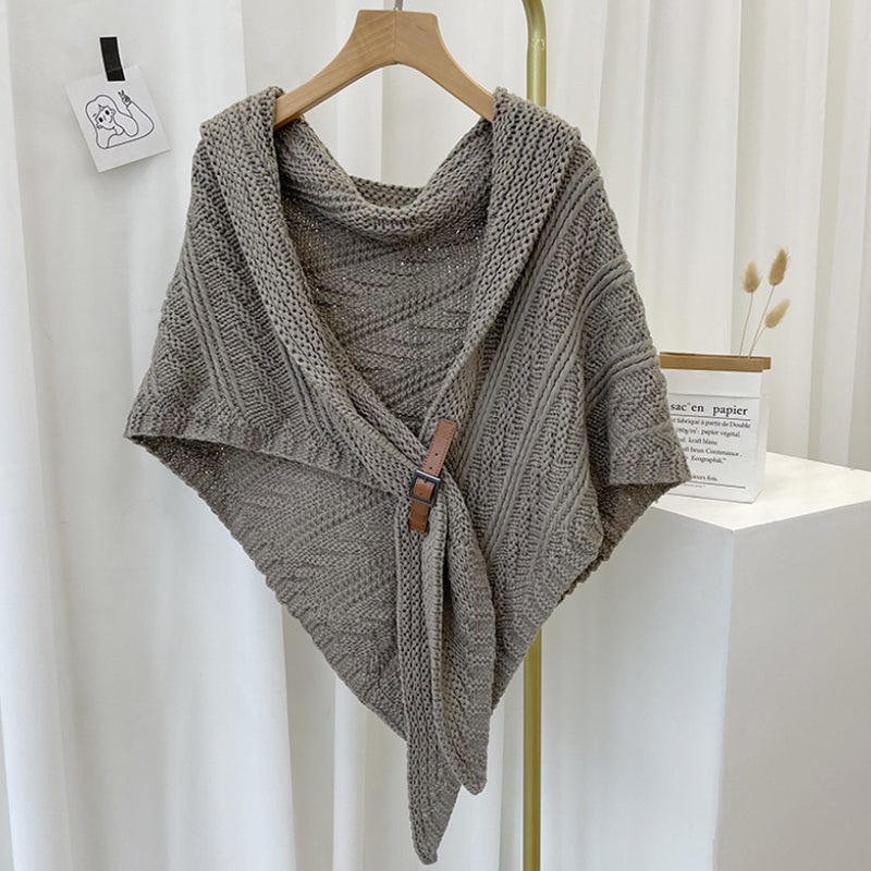 Women's triangle knitted cashmere-blend plaid shawl wrap with leather loop closure, luxuriously soft