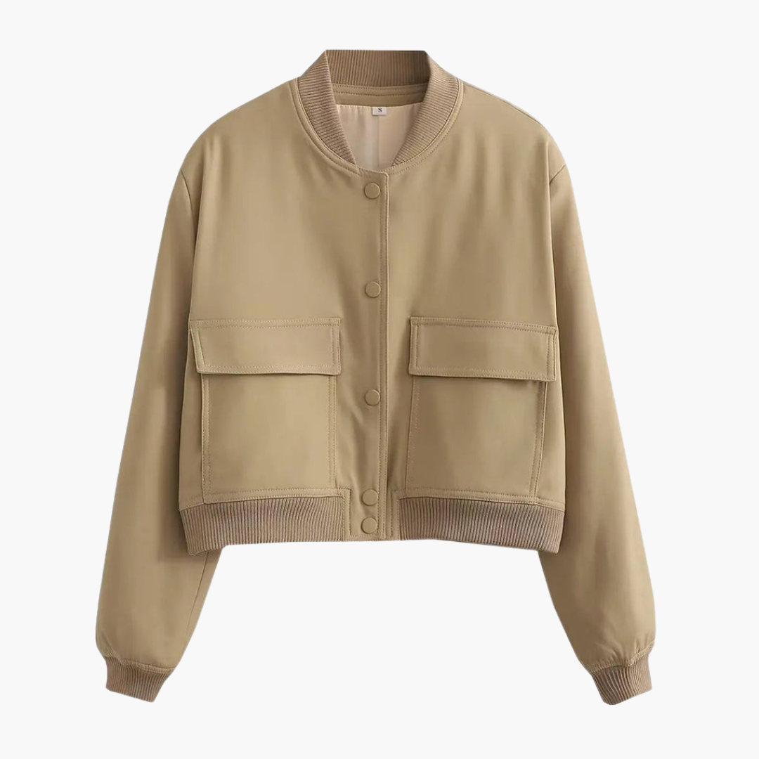 Women's olive utility bomber jacket relaxed fit with large front flap pockets for everyday layering