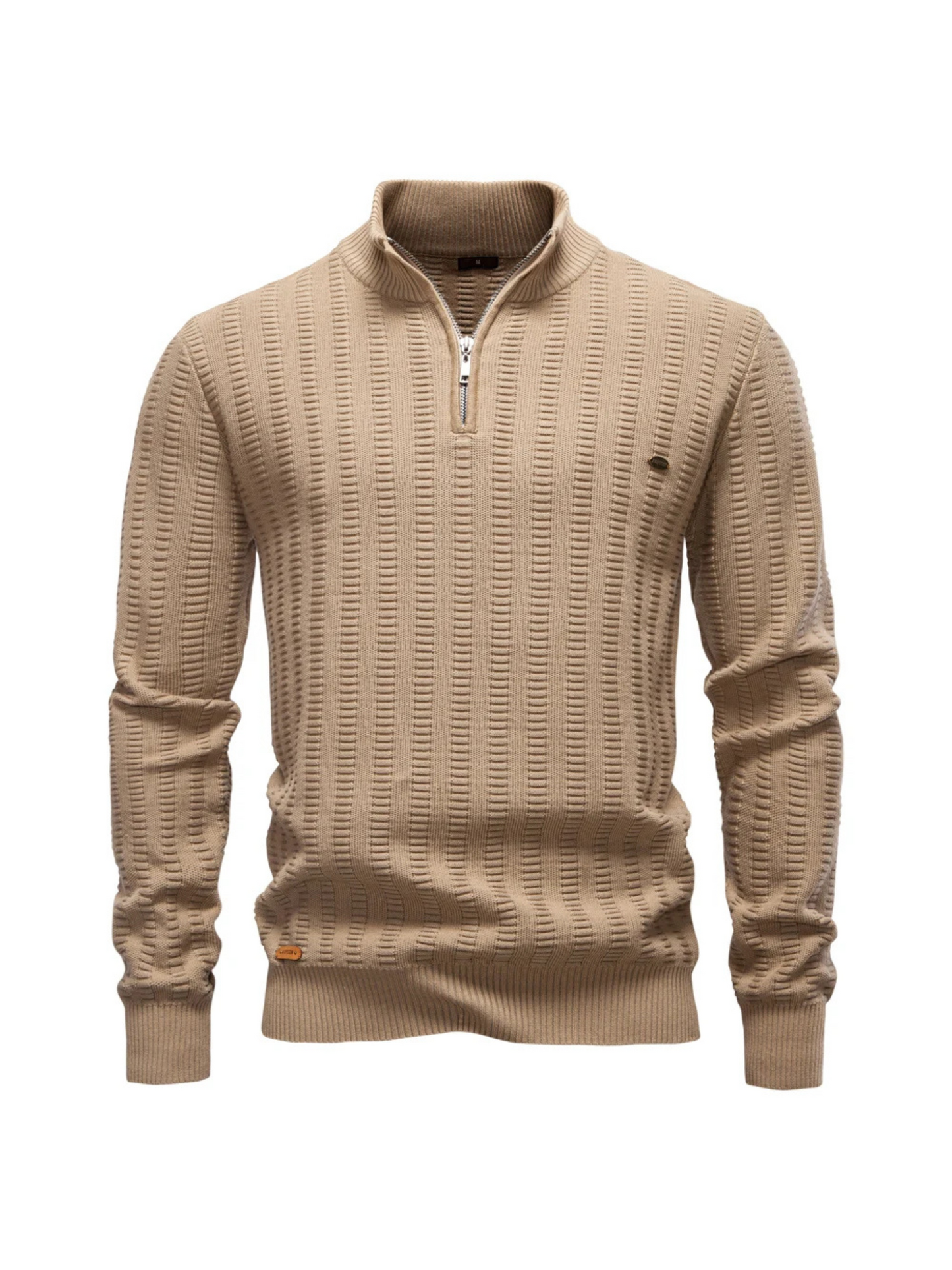 Men's navy quarter-zip pullover in stretch cotton with vertical rib knit texture and modern slim fit