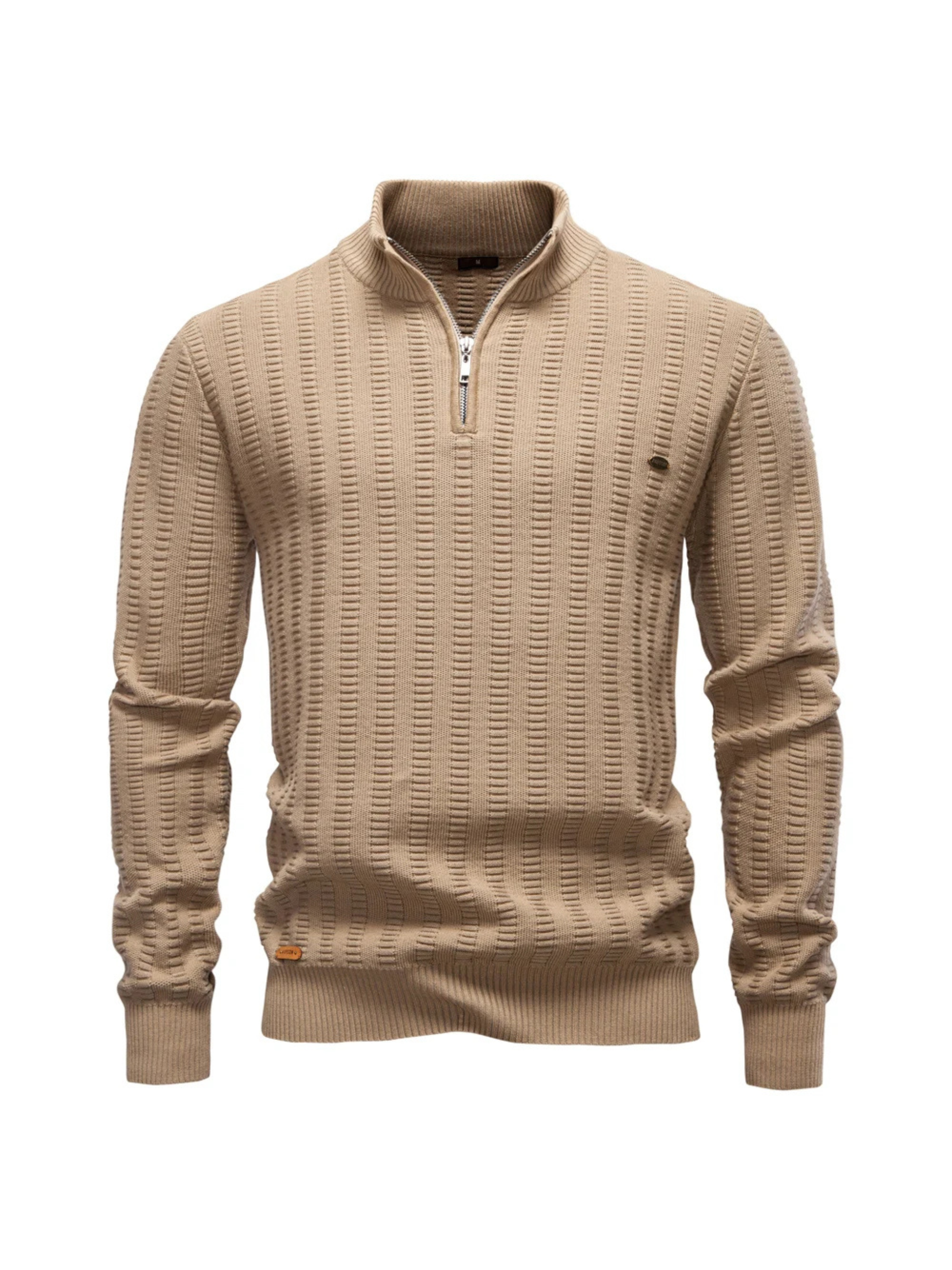 Men's navy quarter-zip pullover in stretch cotton with vertical rib knit texture and modern slim fit