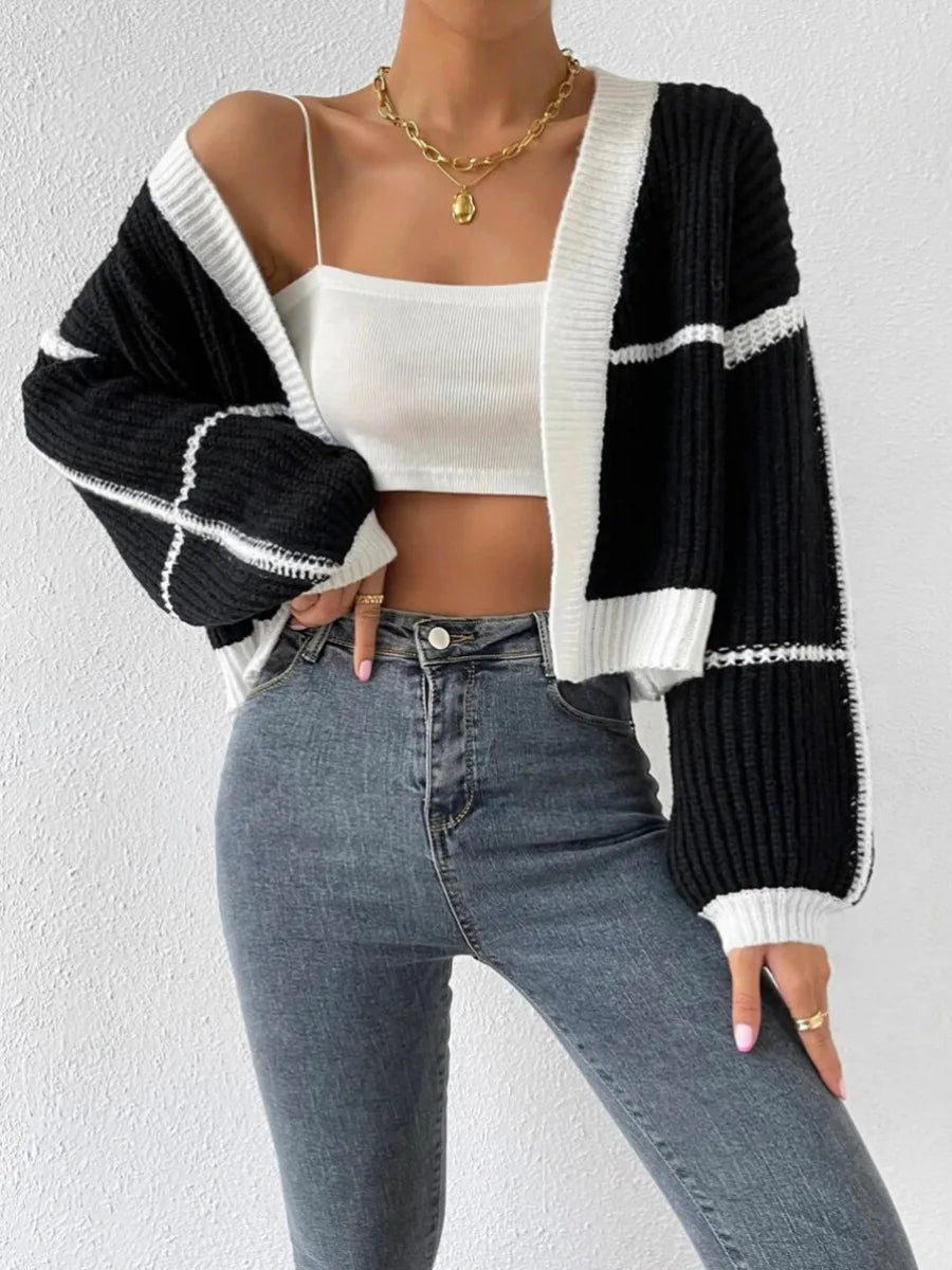 Women's cropped color block cardigan chunky ribbed knit open front lightweight breathable