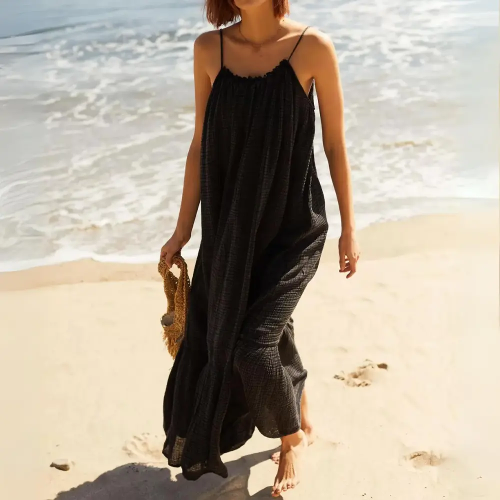 Ruched muslin maxi dress sleeveless relaxed cotton silhouette with flowing length summer essential