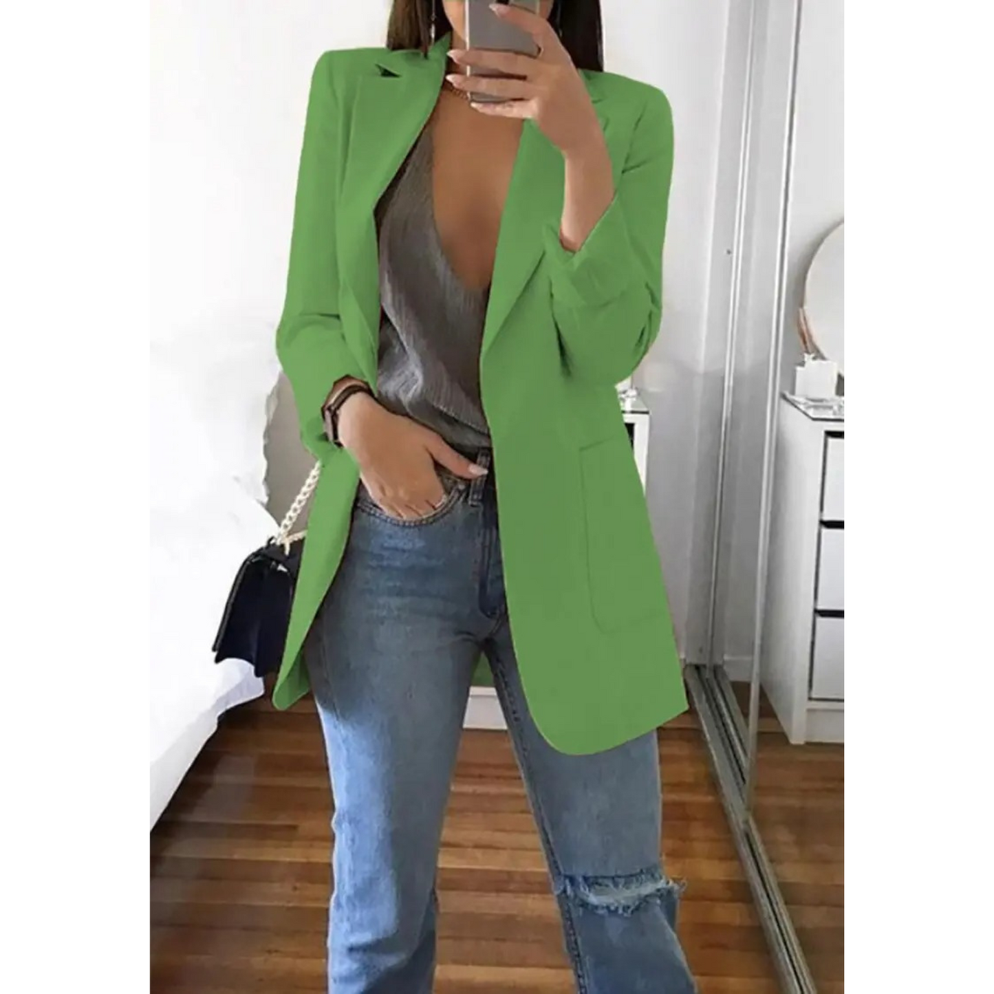 Women's long khaki blazer tailored fit elegant office style refined silhouette all-day comfort