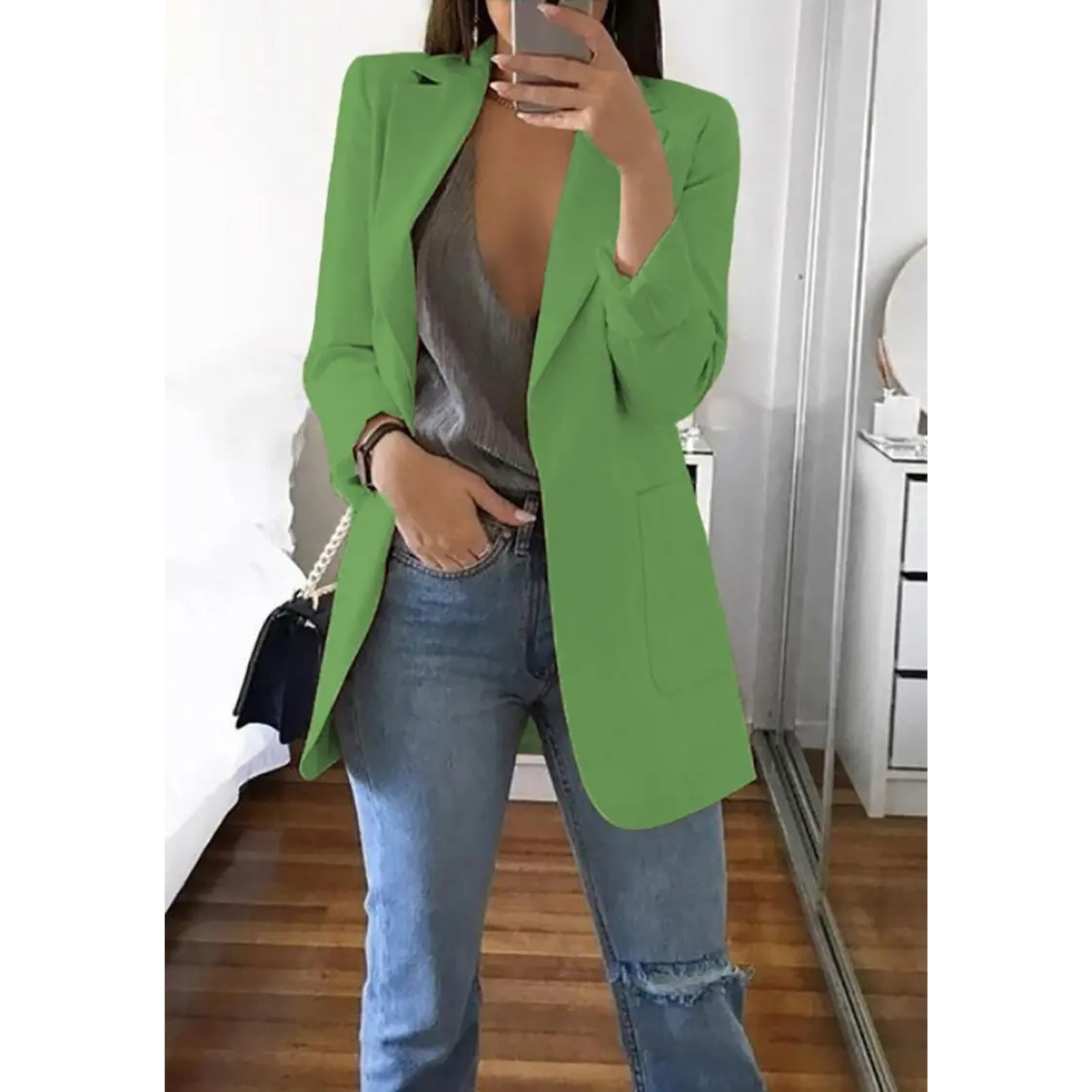 Women's long khaki blazer tailored fit elegant office style refined silhouette all-day comfort