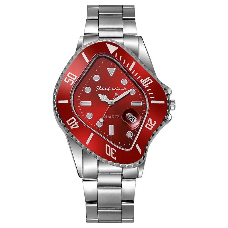 Men's Time-Warp wristwatch warped dial stainless steel band bold color fashion-forward timepiece