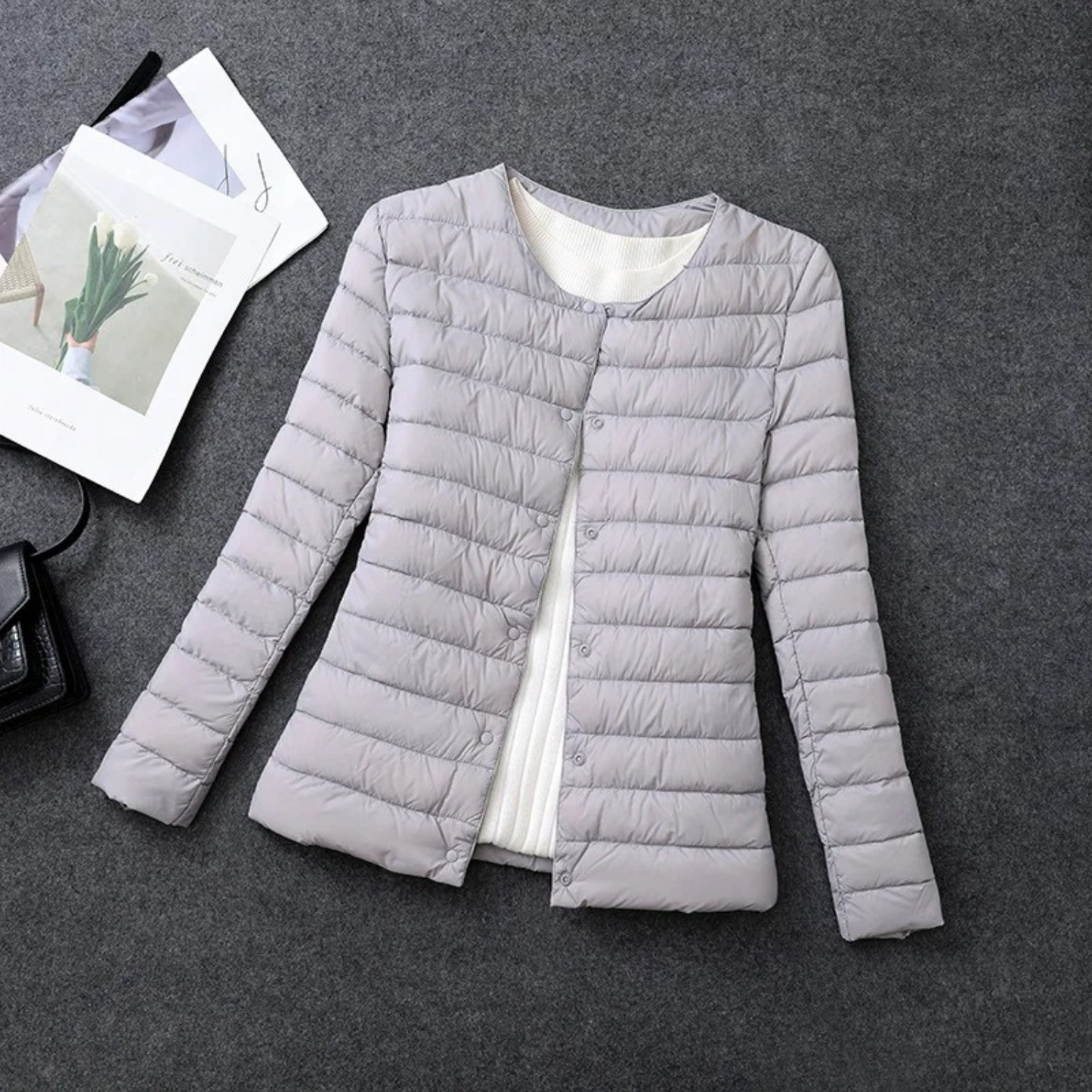 Women's quilted puffer jacket neutral tone button closure round neckline lightweight transitional layer