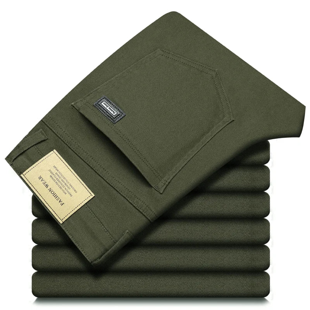 Men's olive classic fit dress pants stretch cotton blend wrinkle-resistant tailored silhouette