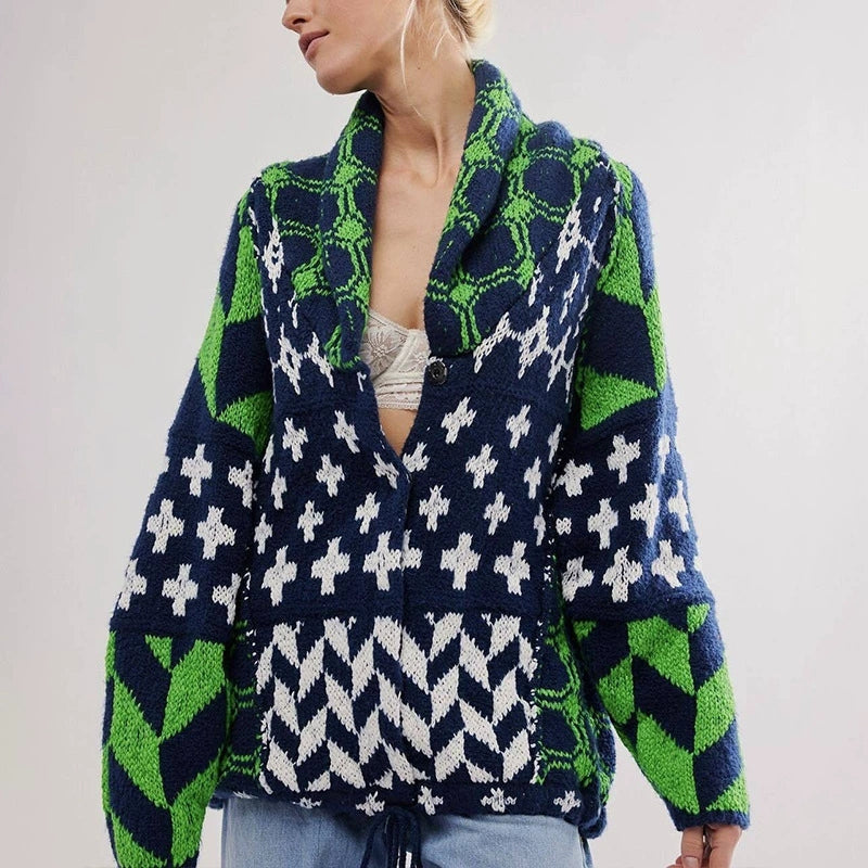 Women's oversized knitted cardigan weighty woven pattern dense knit comfortable warmth relaxed fit