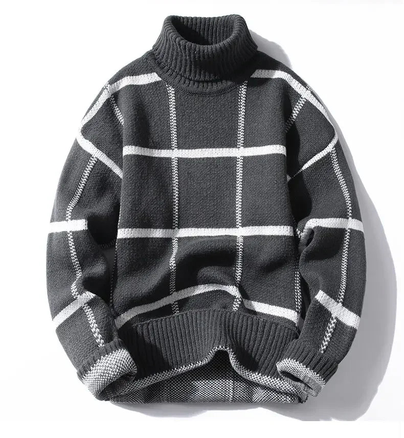 Charcoal grid knit turtleneck sweater with structured windowpane texture for a modern tailored look