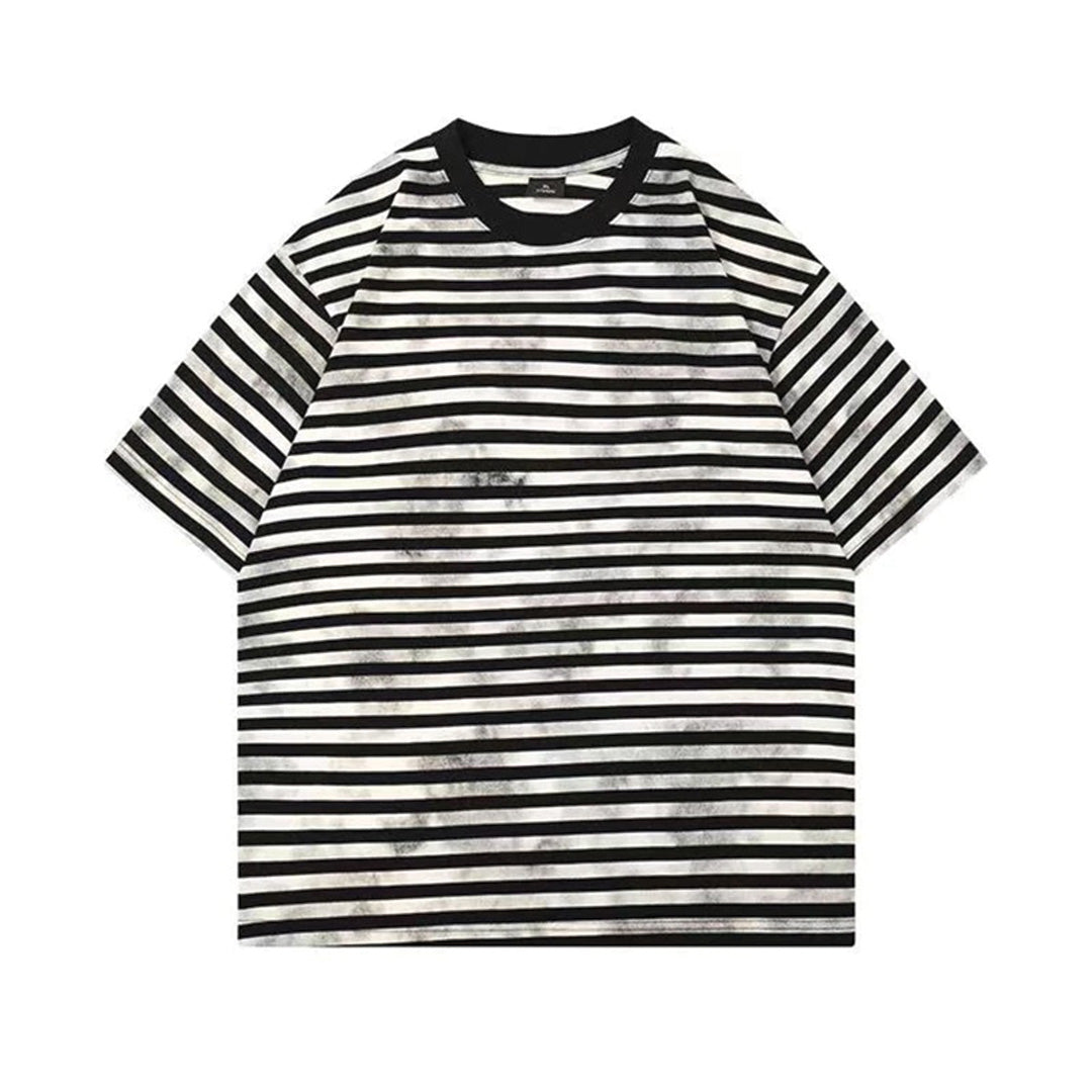 Bleached striped cotton tee grunge sun-faded texture streetwear irregular wash marks relaxed fit