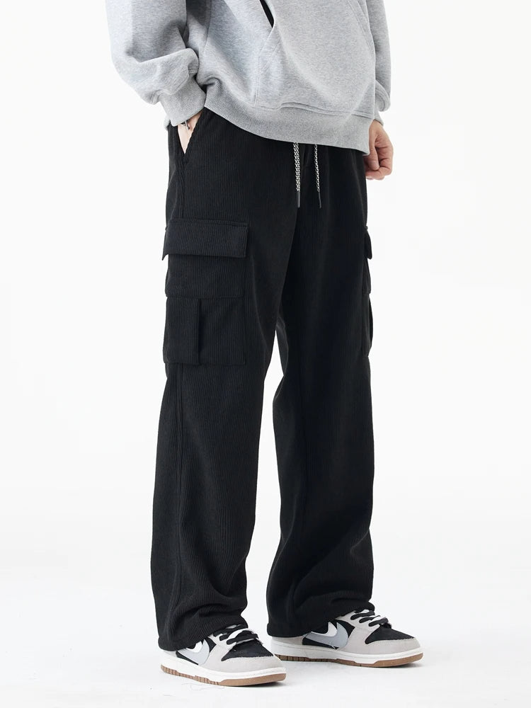 Brown corduroy cargo pants straight leg cut fleece-lined streetwear style warm winter bottoms
