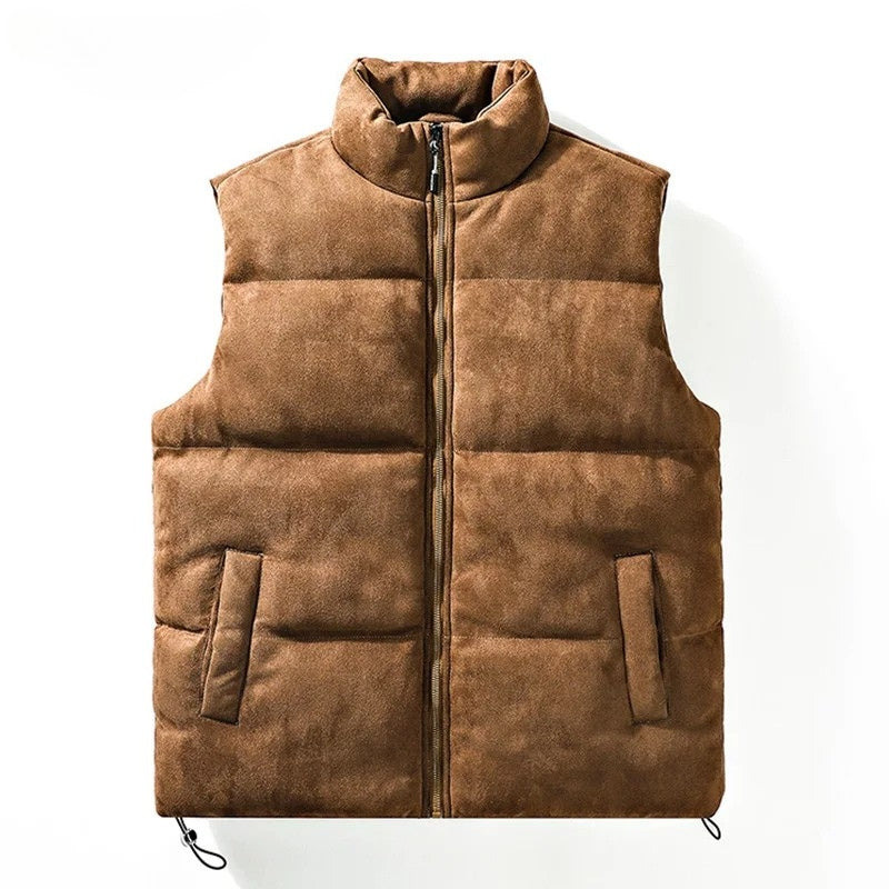 Camel faux suede unisex vest relaxed fit high collar fleece lining sleeveless layering piece