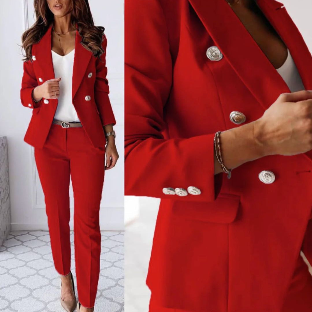 Women's navy double-breasted suit set tailored blazer straight-leg trousers metallic buttons
