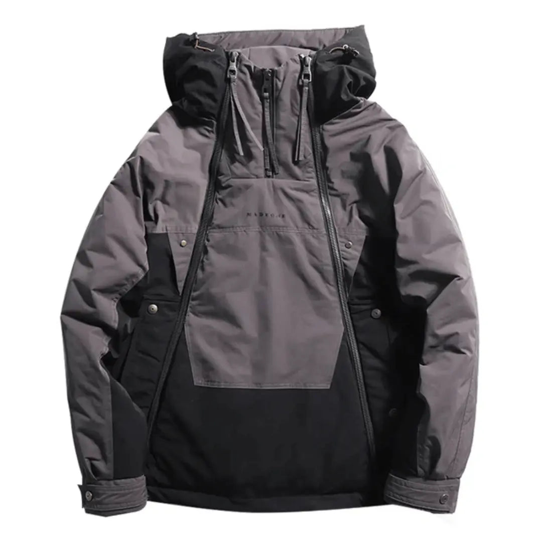 Black color-block techwear down jacket quilted insulated dual-zip urban explorer silhouette