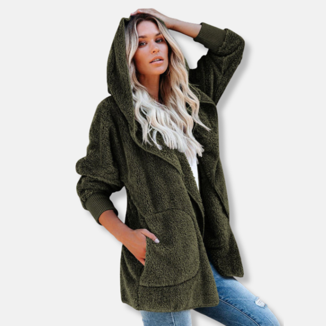 Women's oversized sherpa fleece hooded cardigan open front cozy fit with pockets ultra soft