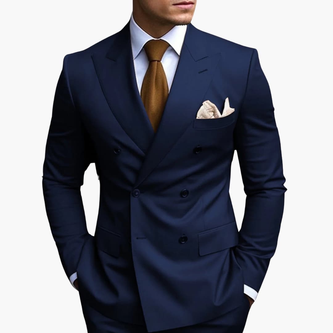 Men's navy blue slim-fit suit set with notched lapels and double front button rows