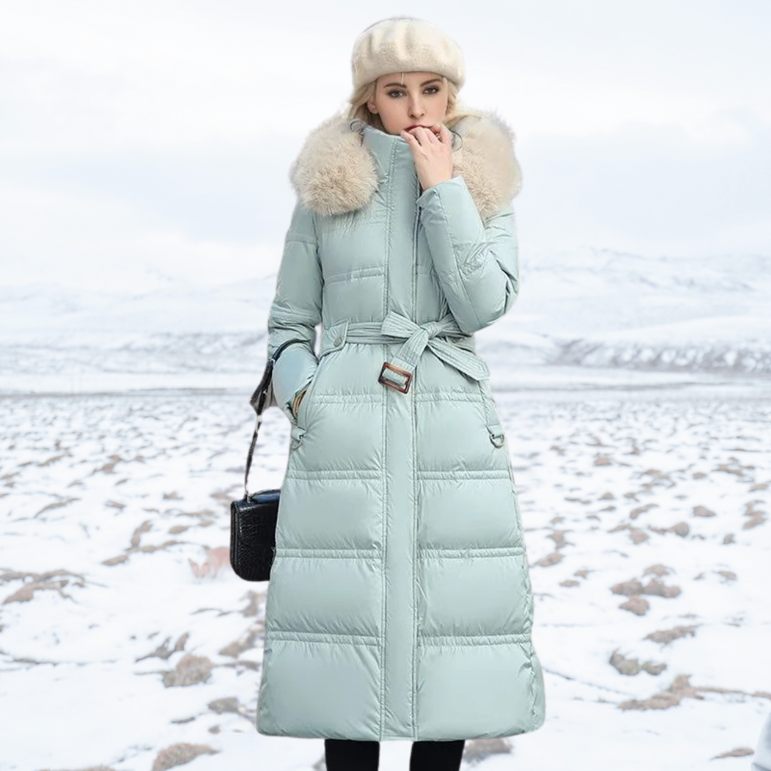 Women's black winter parka coat with detachable fur hood, weatherproof slim-fit silhouette