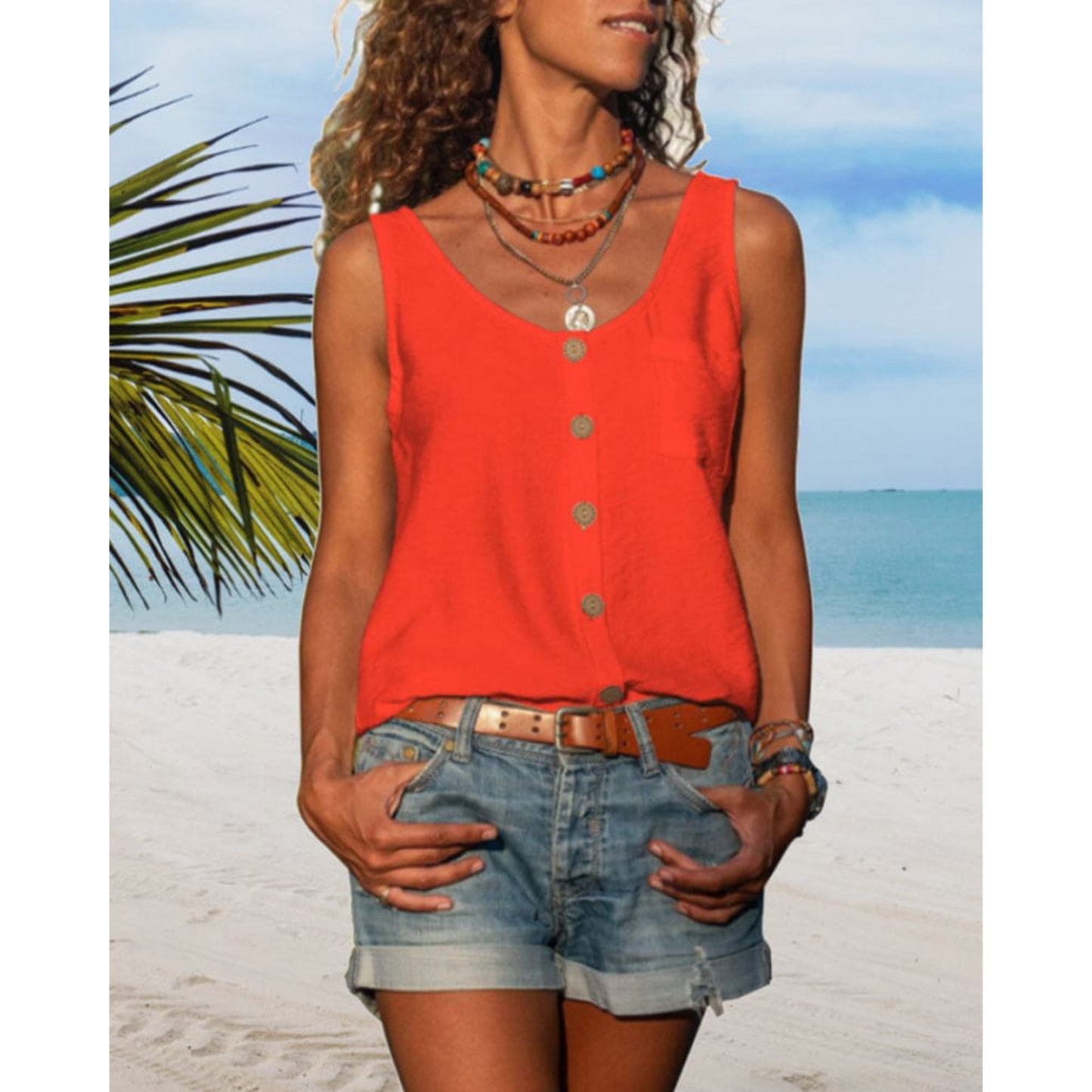 Women's fluid sleeveless V-neck top with pockets, relaxed summer cut for effortless everyday style
