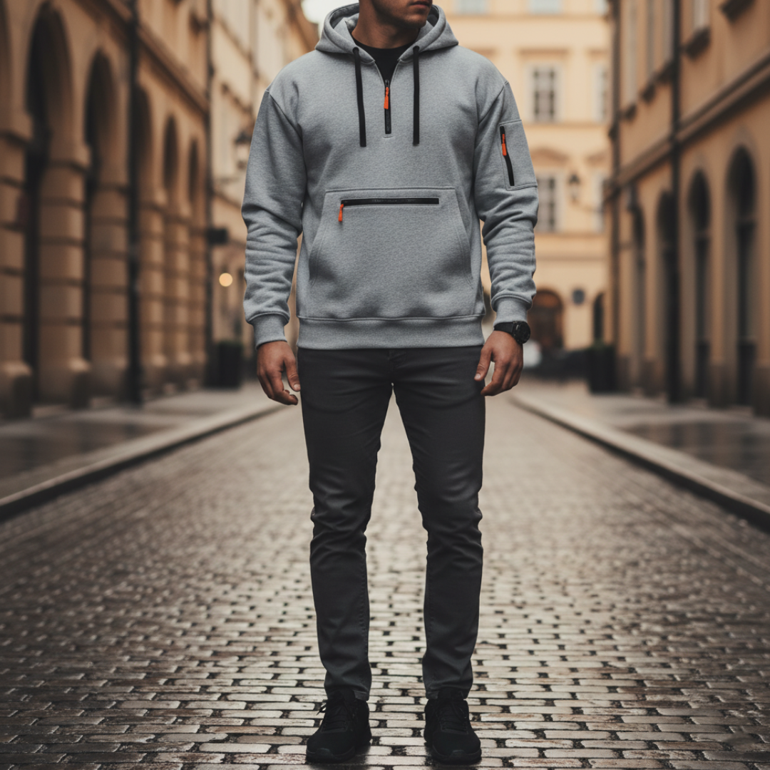 Men's technical hoodie sweatshirt adjustable drawcord hood kangaroo pockets contrast zip outdoor