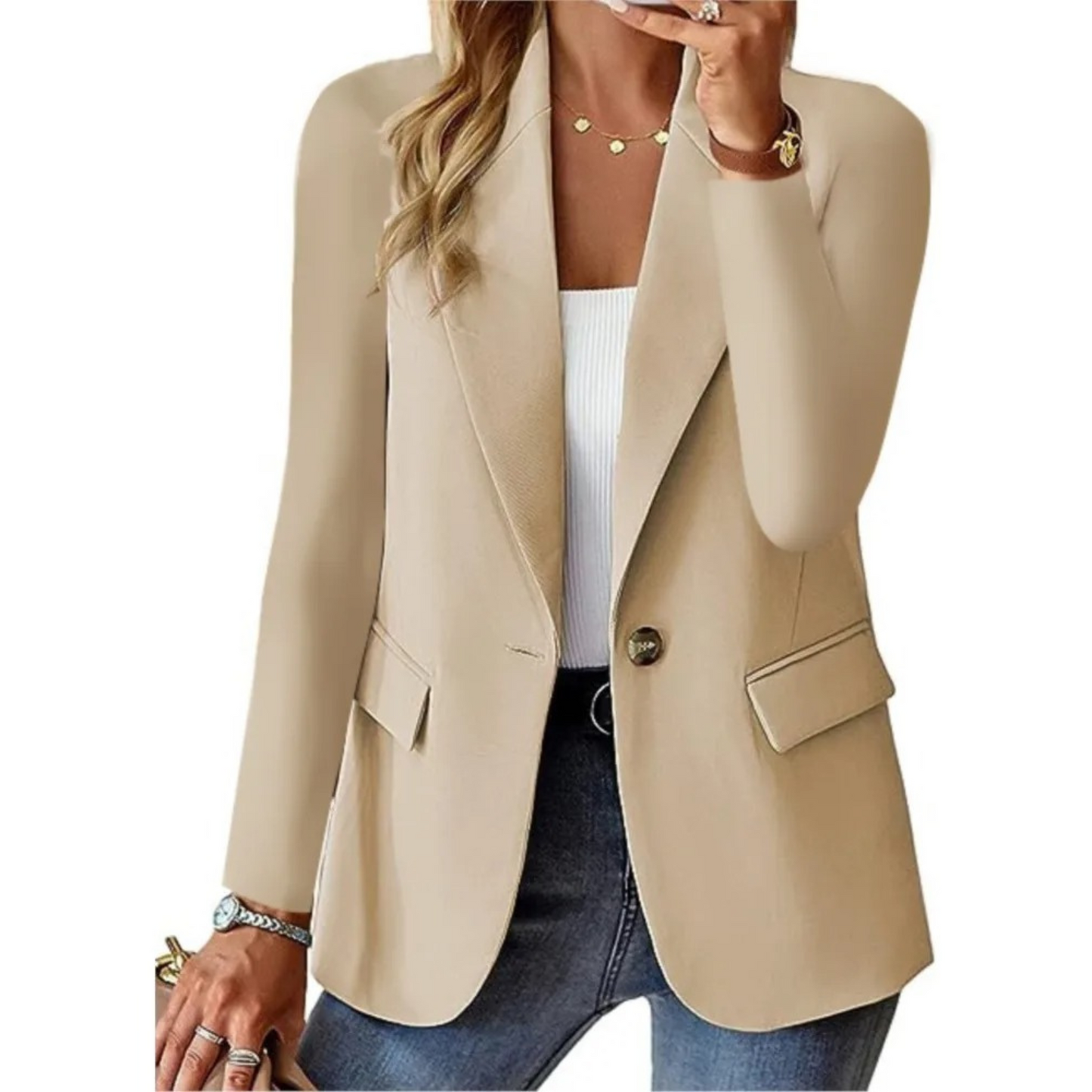 Women's casual slim-fit blazer with buckle detail and slim pockets, polished long-sleeve layer