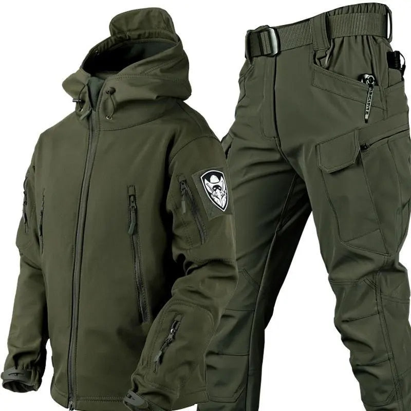 Men's windproof softshell hiking suit jacket and cargo pants with adjustable fit utility pockets