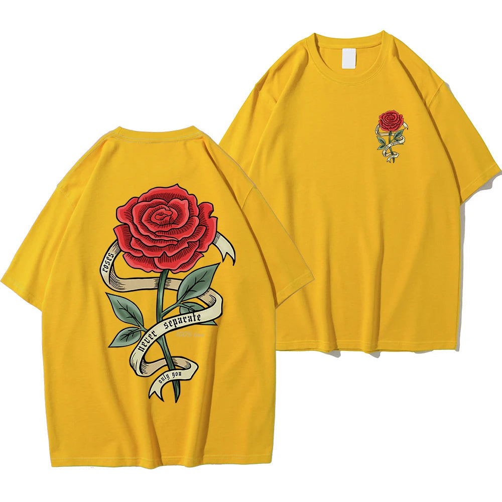 White cotton graphic tee with bold red rose banner back print for edgy casual style