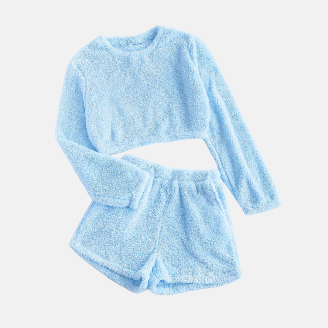 Women's textured plush two-piece loungewear set cropped long sleeve top high-waisted shorts cozy fit