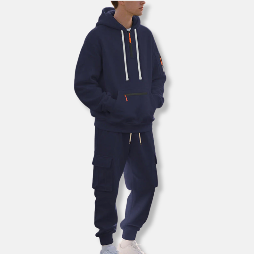 Men's gray relaxed-fit tracksuit set with half-zip hoodie and cargo joggers streetwear style