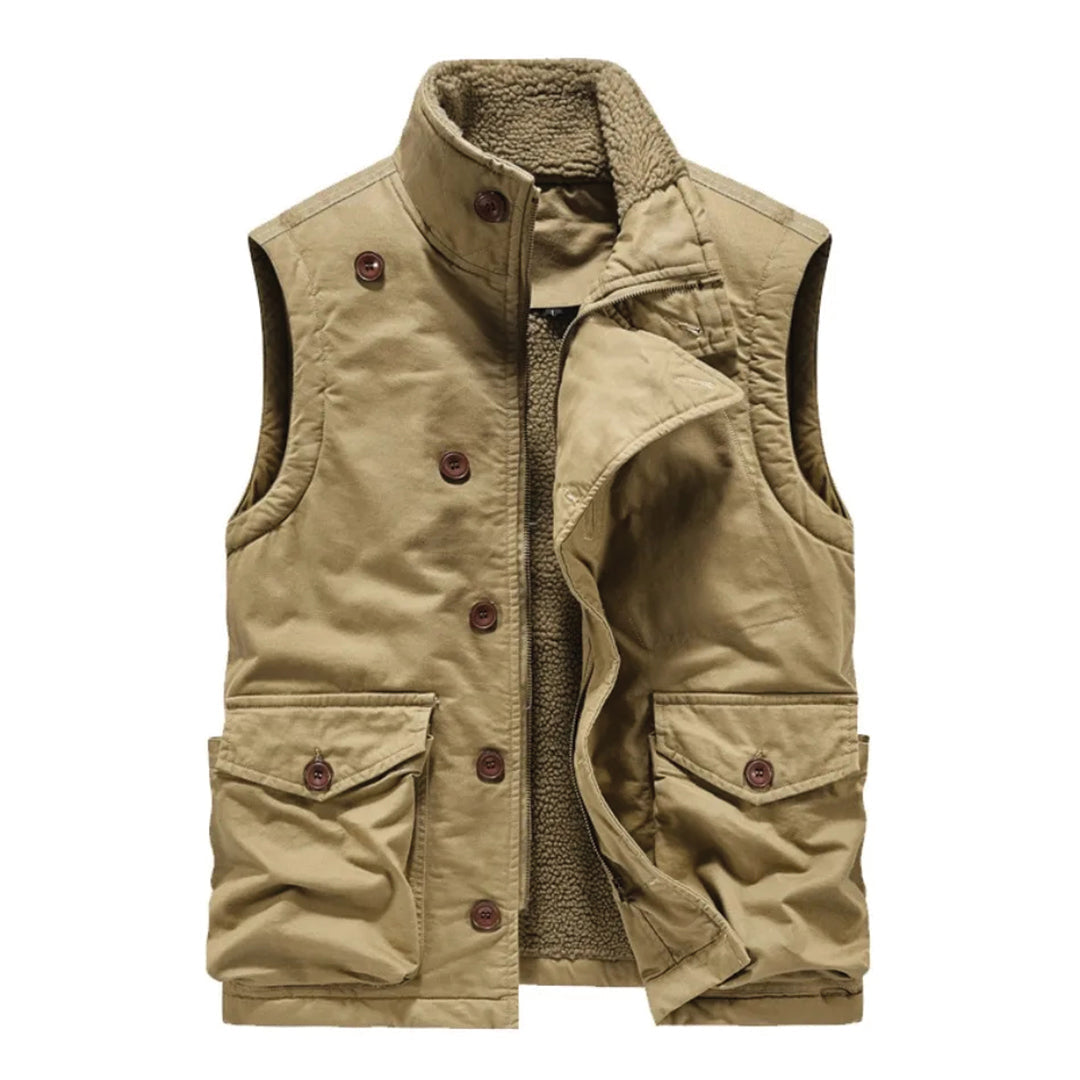 Unisex sand-toned fleece-lined heavy cotton vest asymmetric button closure all-season warmth