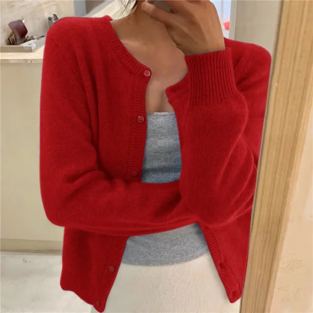 Women's cozy beige button-up winter cardigan relaxed feminine silhouette long sleeve everyday style