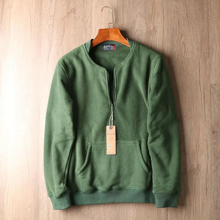 Midland quarter-zip fleece pullover in neutral tone, collarless minimalist cut for outdoor layering
