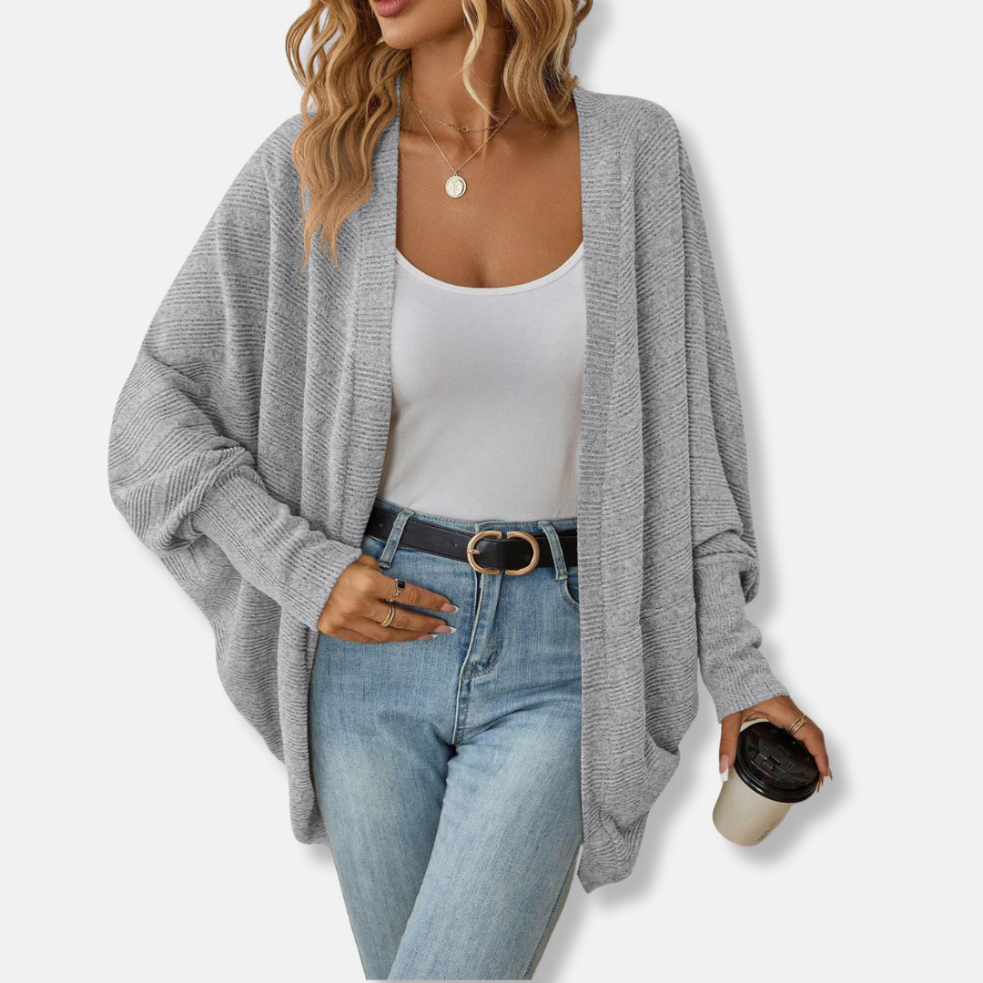 Women's ribbed knit cardigan open front batwing sleeves oversized relaxed fit layering piece