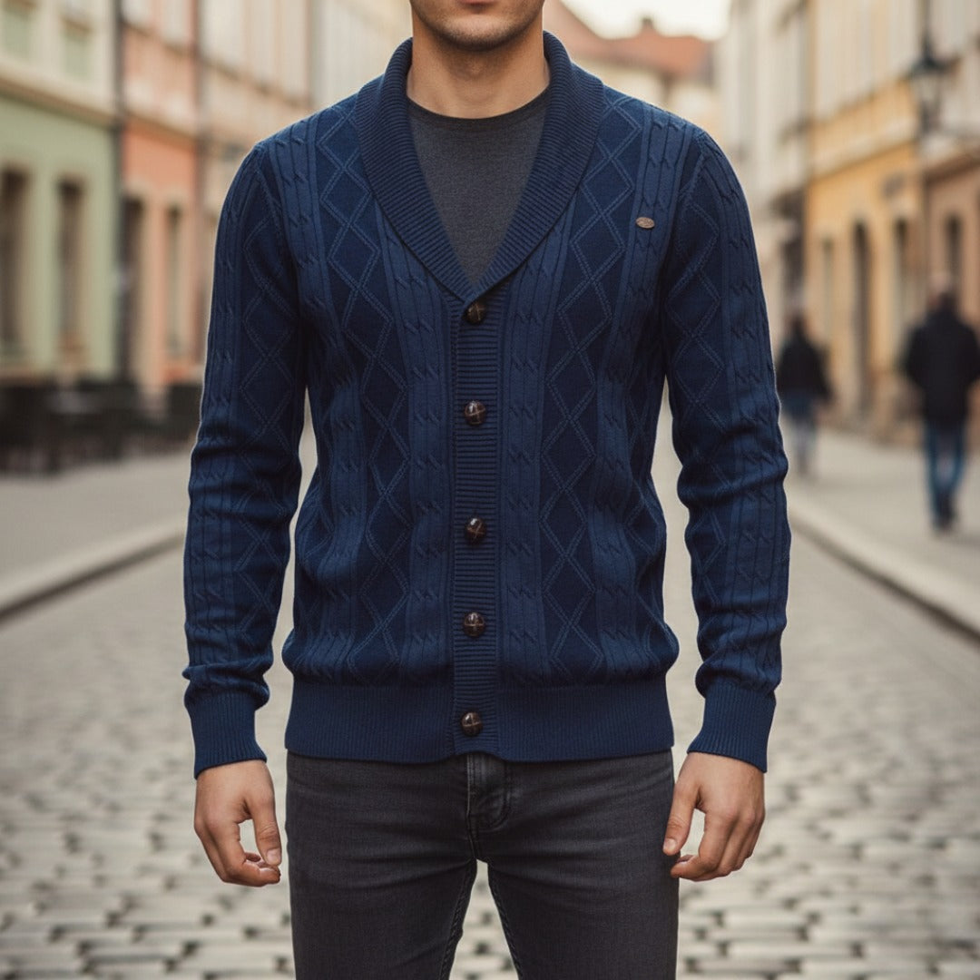 Men's shawl collar cardigan button-front classic knit sweater in blue beige brown or black