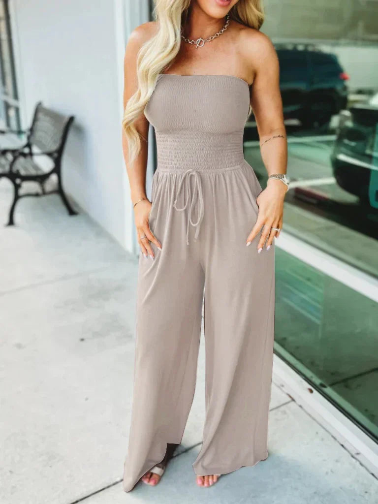Women's light breathable wide-leg jumpsuit with smocked bodice and adjustable drawstring waist