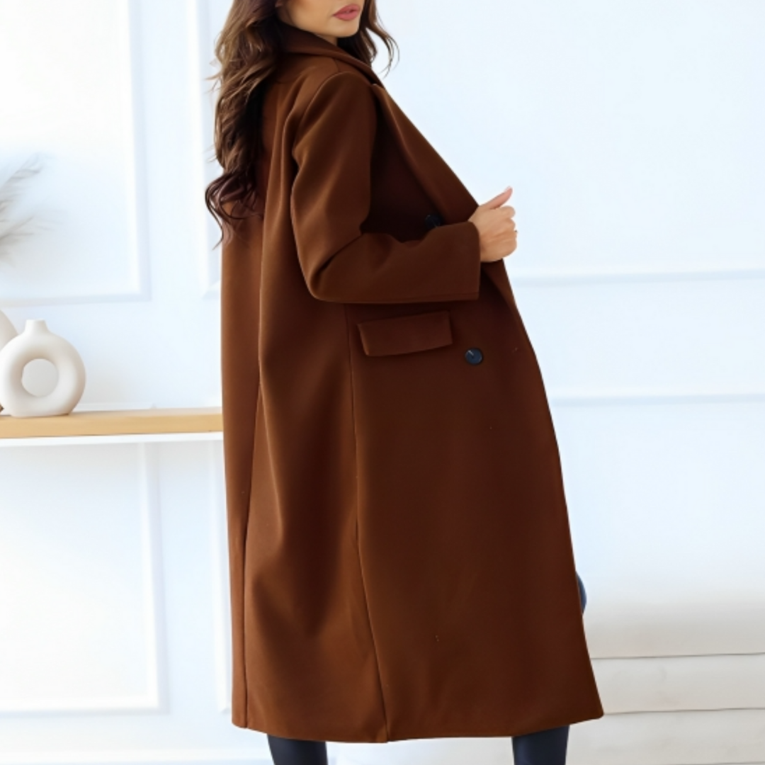 Women's oversized double-breasted wool-blend long coat in classic tailored fit with timeless elegance